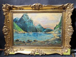 Vitorlások a hegyi tavon, 1939 (blondel keret, olaj-vászon) azonosítatlan jelzés - fjord, tengerszem
