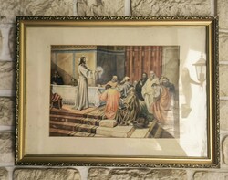 Beautiful Watercolor Painting with Many Figures of Jesus Christ and Disciples (Last Supper) Preparation