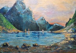Vitorlások a hegyi tavon, 1939 (olaj, vászon) azonosítatlan jelzéssel - fjord vagy tengerszem
