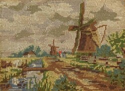 1S213 Régi keretezett szélmalmos tűgoblein kép 15.5 x 20 cm