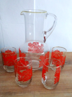 Retro piros tulipános népies mintával és arany csíkkal  díszített vizes,boros üveg kancsó 4 pohárral