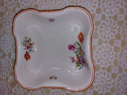 Zsolnay gyönyörű virágmintával, régi négyszögletes, narancs lüszteres szélű köretes tál