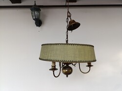 Antik kis méretű 3 karú patinás réz flamand csillár búrával + 3 új gyertya izzó 748 9475