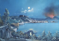 Antik gouache festmény: Nápolyi öböl a Vezúvval. 1872.