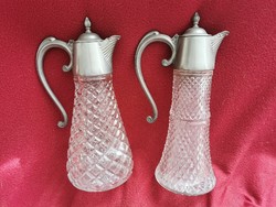 Art Deco kristályüveg, ón fedeles karaffa, dekantáló párban