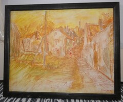 Ilosvai jelzéssel; Tabáni utcarészlet- 29 cm x 36cm, vegyes technika, faroston, keretben