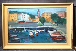 Gera Éva: Kikötő - Vizualart Alkotóközösség címkéjével - jugoszláv utcakép vízparton, 1980-as évek