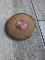 Szép régi rézházas, tükrös pudrié (pipere doboz, 7,8 cm)