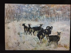 Monos József - Muflonok februári hóban olaj, farost 50x70 cm - Vadászat