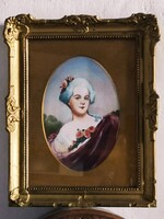 Vintage stilusú, kék parókás udvarhölgy rózsákkal, portré ovális pasztell kép arany paszpartuval