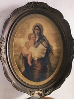 Mária kis Jézussal, gyönyörű antik nyomat, ovális aranyszínű blondel keretben