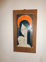 Zománcozott  művészi  falikép  , Mária gyermekével  , fa alapon . 15 x 30 a kép + 22 x 40 cm a  talp
