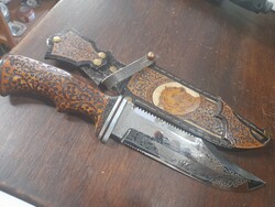 Egyedi Készítésű Orosz Gravírozott,Szibériai Tigris Bőrtokos Vadászkés Kés,Tőr.32 cm.