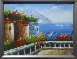 Mediterrán hangulat. Impresszionista kép, jelzés nélkül, új fakeretben. 30x40 cm.