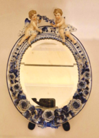 Antique Sitzendorf porcelain mirror with blue and white flowers and putti c1880 29cm