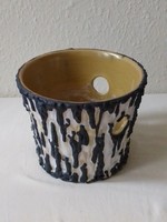 Király Károly nagy súlyos fekete-fehér rücskös mázas retró iparművész kerámia kaspó virágtartó 20cm