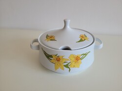 Régi retro nárcisz mintás Alföldi porcelán leveses tál fedeles virágos kínáló füles tál