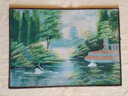 Falikép Tájkép hattyúkkal üvegezett fém képkeret 35x25cm retro 02