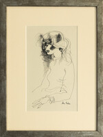 Szász Endre: Leány - egyedi tusrajz, 1958-ból, 20 × 12 cm, igényes keretben