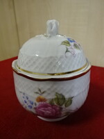 Hollóházi porcelán cukortartó, rózsa fogóval, magassága 10,5 cm. Emi