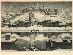 Fényes Adolf (1867-1945) Téli Táj Rézkarc 34x46cm | Tájkép Városkép Látkép