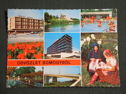 Képeslap,Somogy megye,mozaik,üdülő,fürdő,kemping,népviselet,népművészet,látkép,részlet, 1975-