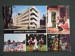 Képeslap,Somogy megye,mozaik,üdülő,fürdő,kemping,népviselet,népművészet,látkép,részlet, 1975-