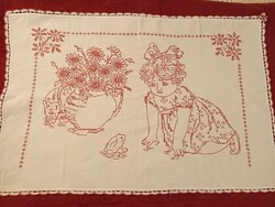Régi hímzett, vászon konyhai falvédő bájos jelenettel, 80x52