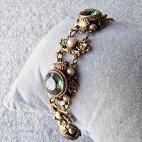 1800s Austro-Hungarian silver gilt filigree green paste pearl bracelet with safety chain