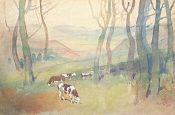 Gulyás Sándor: Borjúk (akvarell) 1930-as évek, állatkép, tehenek