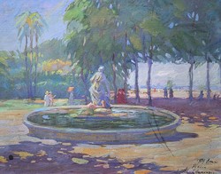 Parkrészlet szökőkúttal, 1929 - olajfestmény, szignózott - Pincio, Róma, Olaszország - 1920-as évek