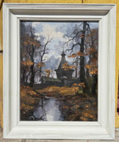 Szignált orosz festő által készített tájkép ortodox templommal