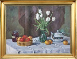 Bánovszky Miklós 1966 / Csendélet fehér tulipánnal és befőttel