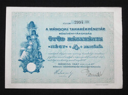 Mándoki Takarékpénztár ötöd részvény 4 pengő 1927 - Mándok