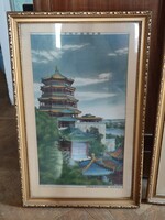 Kínai táj pagoda szövött festett álló selyemkép eredeti keretben