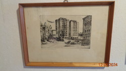 Kelle S.  Komlói toronyházak  , szoc reál rézkarc   51 x 38 cm