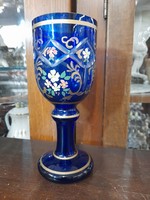Biedermeier Kék Színű Metszett,Kézi Festésű, Aranyozott Üveg Kehely,Kristály Pohár.20 cm.