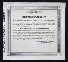 Szlovák Gazdasági Bank részvényutalvány 15 pengő 1947 (SVK)