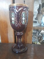Biedermeier Bíbor Színű Metszett,Kézi Festésű, Aranyozott Üveg Kehely,Kristály Pohár.20 cm.