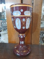 Biedermeier Bíbor Színű Metszett,Kézi Festésű, Aranyozott Üveg Kehely,Kristály Pohár.20 cm.