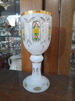 Biedermeier Fehér Színű Metszett,Kézi Festésű, Aranyozott Üveg Kehely,Kristály Pohár.20 cm.