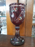 Biedermeier Bíbor Színű Metszett,Kézi Festésű, Aranyozott Üveg Kehely,Kristály Pohár.20 cm.