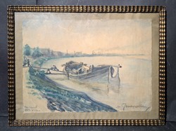 1920-AS ÉVEK BUDAPESTJE! Dunaparti hajós jelenet - nagyenyedi Jeney Zoltán, korabeli keretben