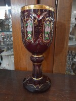Biedermeier Bíbor Színű Metszett,Kézi Festésű, Aranyozott Üveg Kehely,Kristály Pohár.20 cm.