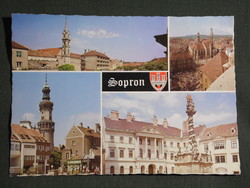 Képeslap,Sopron,mozaik,Beloiannisz tér,templom,várfal,szentháromság szobor látkép,részlet, 1985-