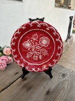 Gránit piros mintás falitányér virágos  népi falitányér falusi paraszti nosztalgia dekoráció