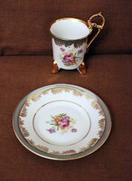 Ritka vintage porcelán mokkás kávés csésze és alj aranyozott és virágos díszítésssel zöld[X-BIZ.BIL