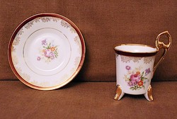 Ritka vintage porcelán mokkás kávés csésze és alj aranyozott és virágos díszítésssel bordó[X-BIZ.BIL