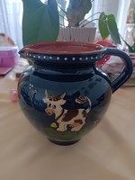 Hollóházi Garai ceramic milk-cream blue jug with small cow figurine! Flawless and beautiful.