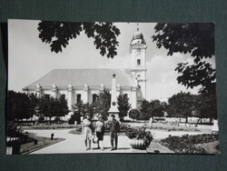 Postcard, Szentes, Kossuth Square, monument, church view, fragment, 1965-